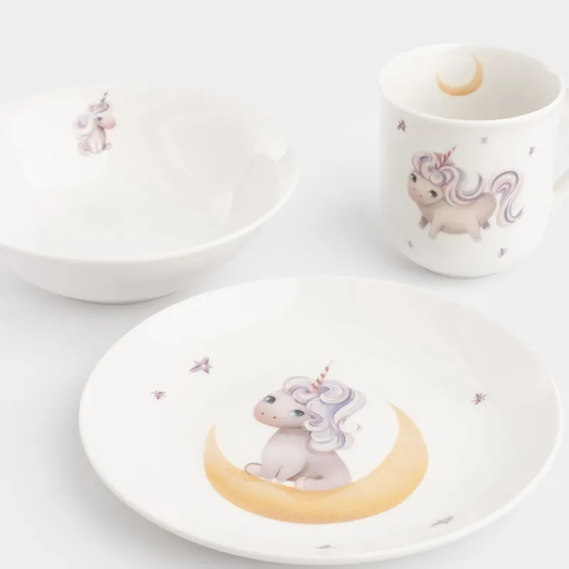 Children's tableware set, 3 items, porcelain N, white, Unicorn and month, Unicorn, image-8