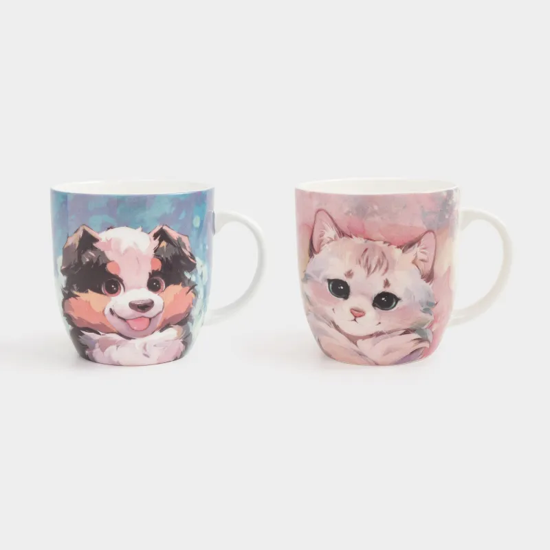 Mug, 350 ml, 2 pcs, porcelain F, blue / pink, Cat/Dog, Friends, image-1