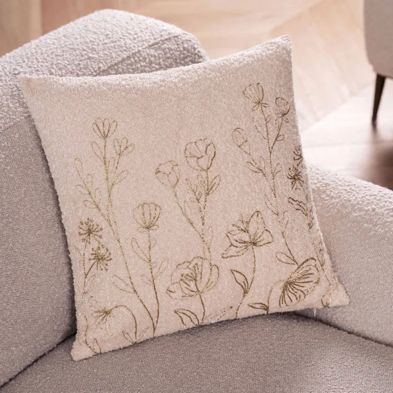Decorative pillow, 45x45 cm, boucle/velvet, milky, wildflowers, Boucle