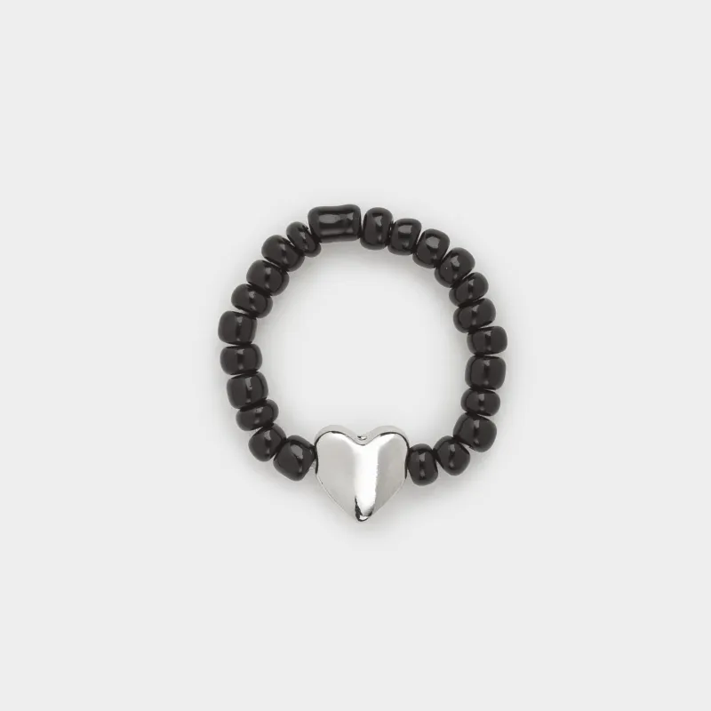 Ring, size S-M, Single size, Glass / metal, black, Heart, Jewelry black
