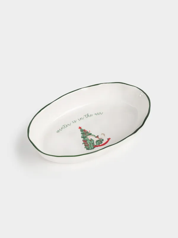 Dish, 28x17x5 cm, with sides, ceramic, oval, Horse with Christmas tree, Christmas green, image-0