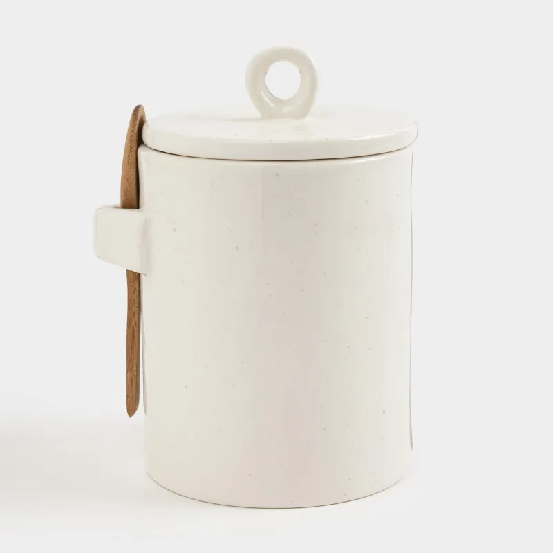 Storage container, 16 cm, 750 ml, with spoon, ceramic / wood, milky, speckled, Delicia