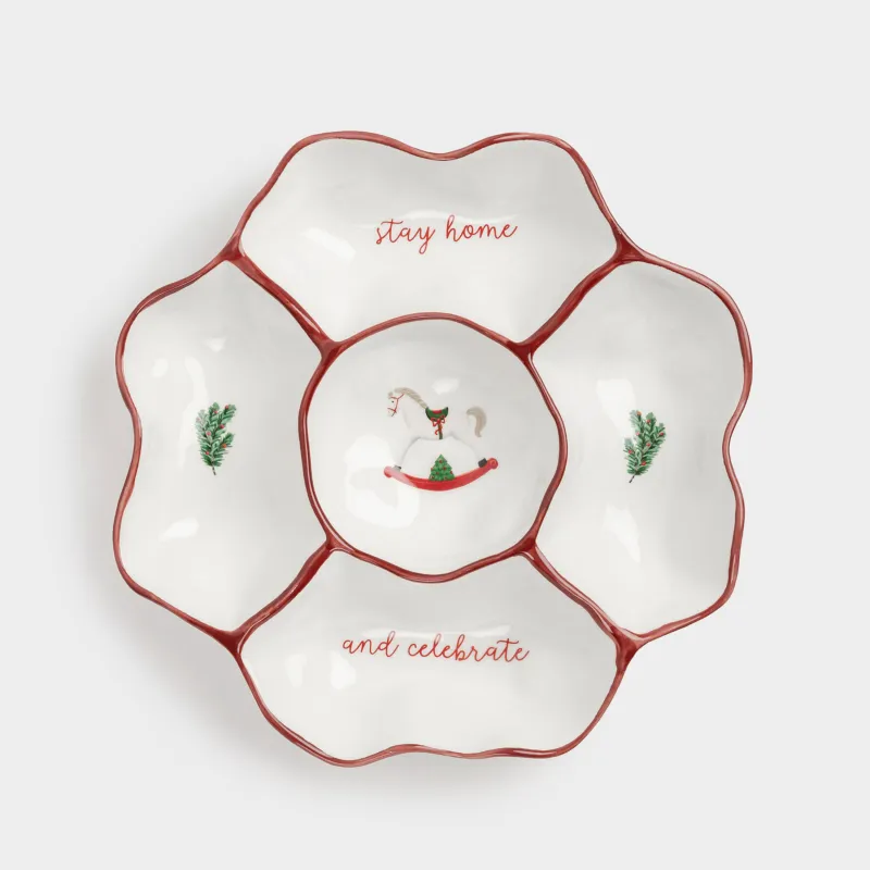 Divided plate, 25 cm, 5 compartments, ceramics, Horse and fir branches, Christmas tree