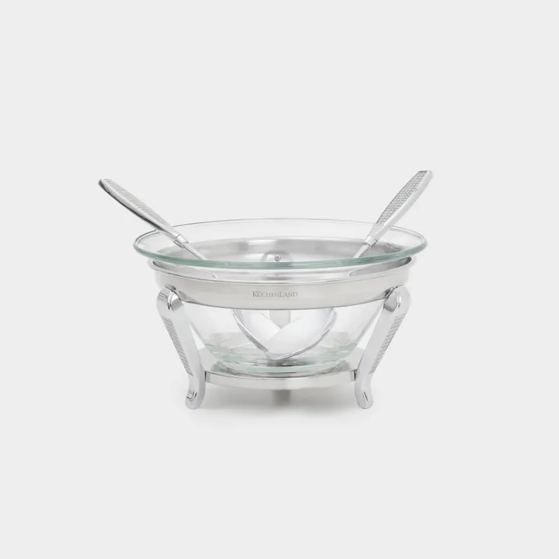 Salad bowl, 30x13 cm, 3 pr, with spoon / fork, on a stand, glass / metal, Winter antarctica