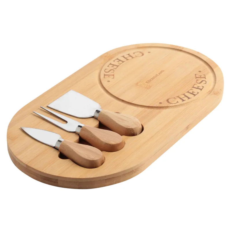 Cheese set, 4 pcs, stand board, Steel / Bamboo, Oval, Cheese
