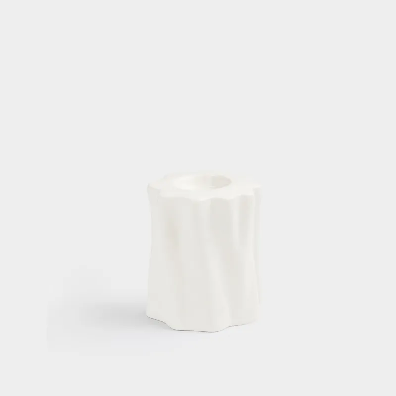 Candlestick, 10 cm, for tea candle, Ceramic, Milky, Wavy edge, Crumple