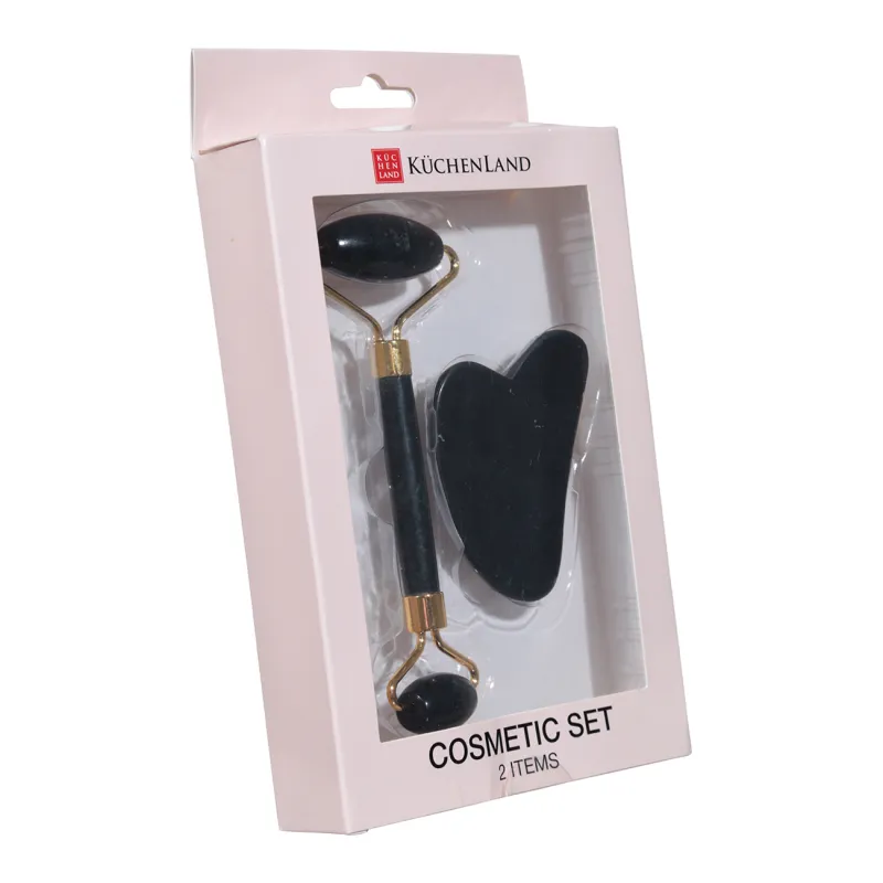 Cosmetic set, 2 items. Package contents: roller facial massager-1 pc; gua sha stone-1 pc. Size: roller-14 cm; gouache stone-8x7 cm. Material: jade, metal., image-1