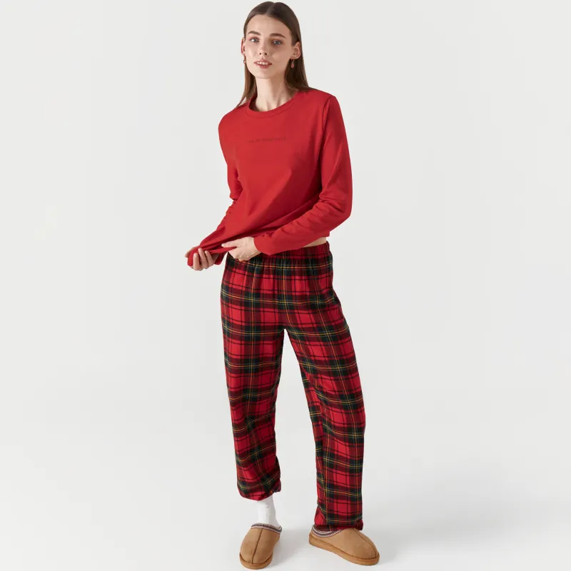 Women's two piece set, homewear, size L, with trousers, cotton, green-red, Checkered / Heart, Anllela