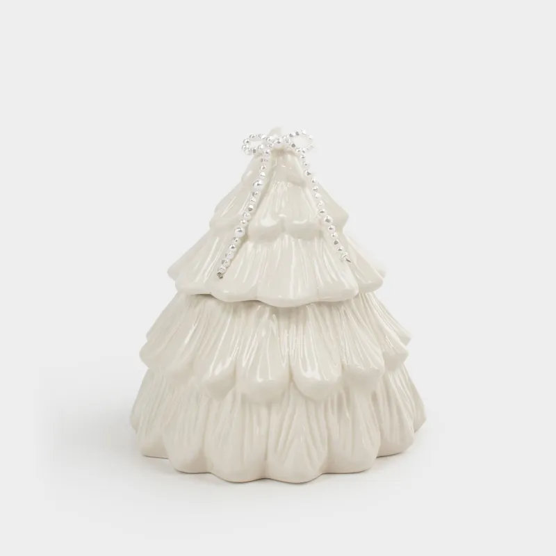 Storage container, 16x16 cm, 650 ml, ceramic / beads, milky, Spruce with bow, Pearl Antarctica