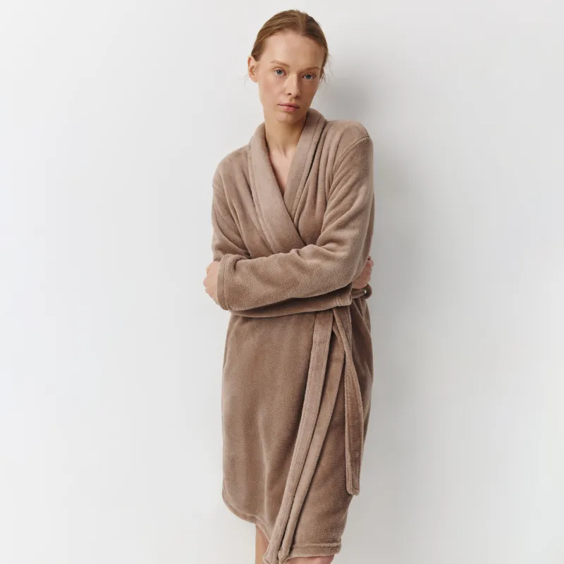 Women's robe, homewear, size L-XL, Long sleeve, polyester, mocha, Drew