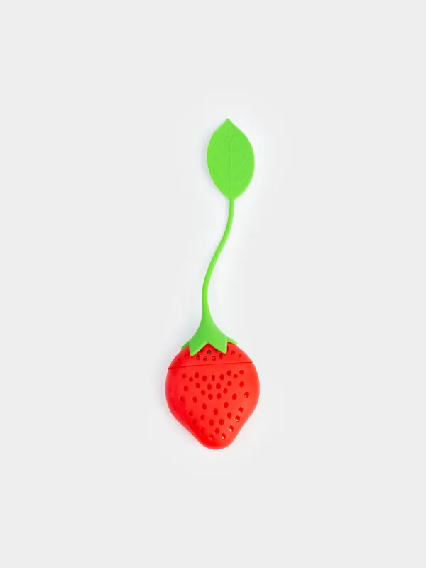 Tea strainer, 20 cm, Silicone, Red-green, Strawberry, Manny, image-0