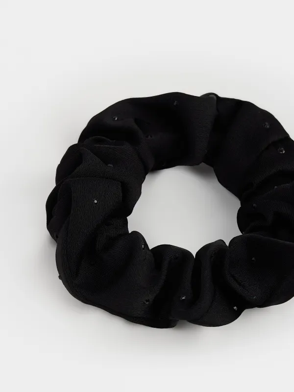 Hair tie, 8 cm, with rhinestones, polyester, black, Silk, image-1