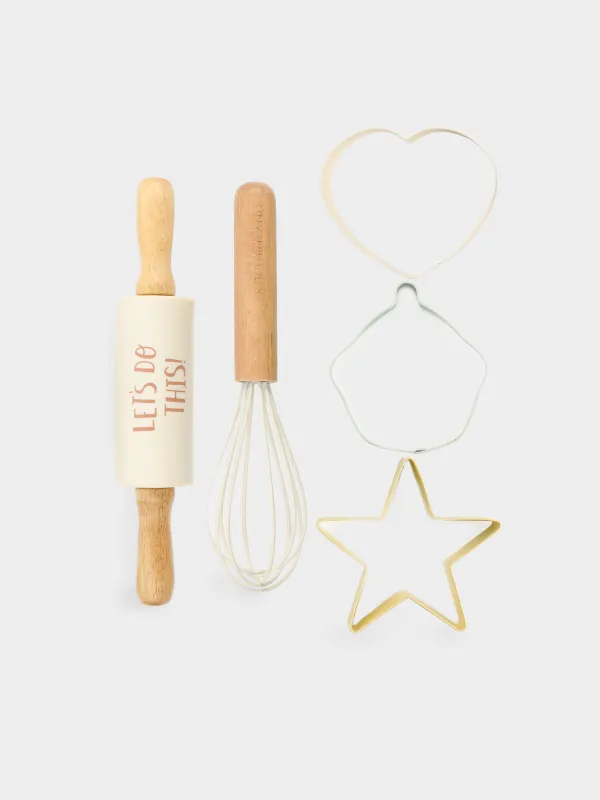 Baking set, 5 items, Rolling pin/whisk /molds, silicone / steel / wood, Shapes, Bakery, image-0