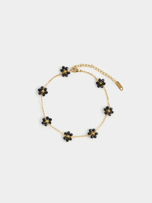 Anklet, 30 cm, metal / glass, black, Flowers, Jewelry flower, image-1