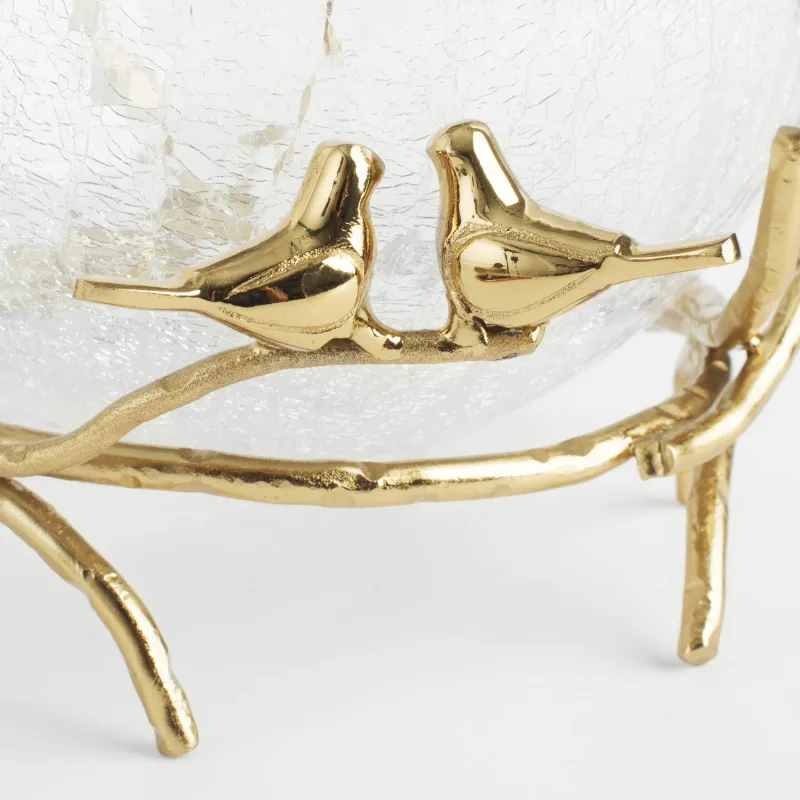 Deep dish, 21x9 cm, on a stand, glass / metal, golden, Birds, Fantastic gold, image-1