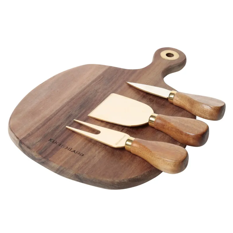 Cheese set, 4 pcs, dish board with handle, steel / wood, golden, Cheese gold