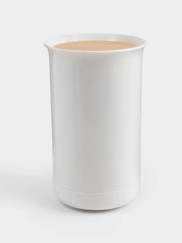 Cotton swab container, 12 cm, plastic / rubber wood, White, White style, image-0