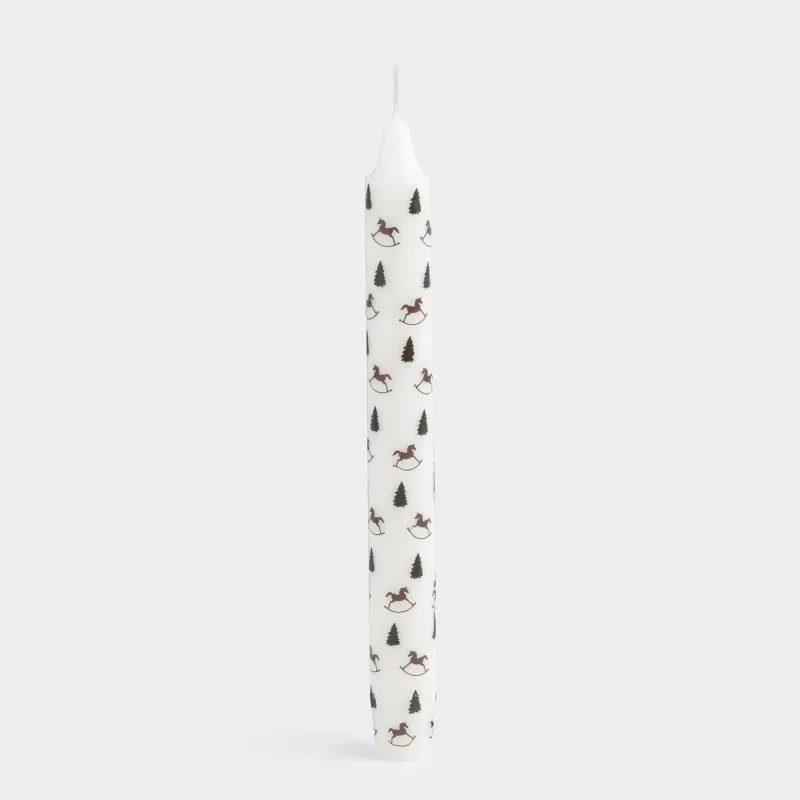 Candle, 20 cm, thin, white, Horses and Christmas trees, Print candle
