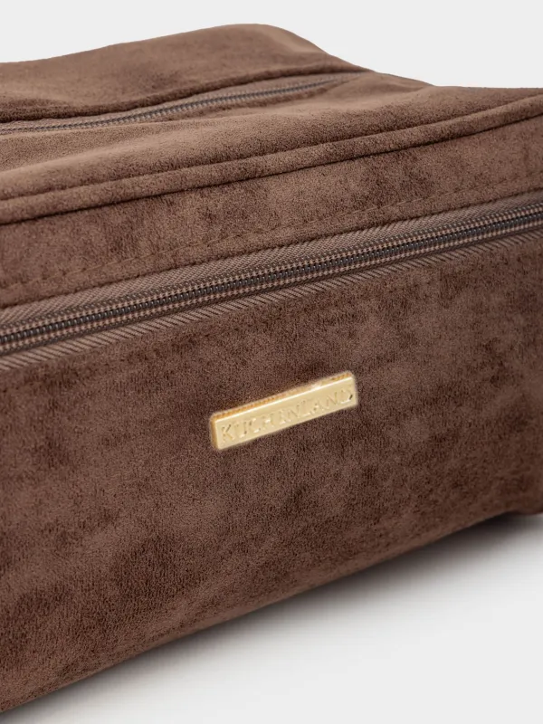 Makeup bag, 27x13 cm, with handle, faux suede, brown, Beauty suede, image-3
