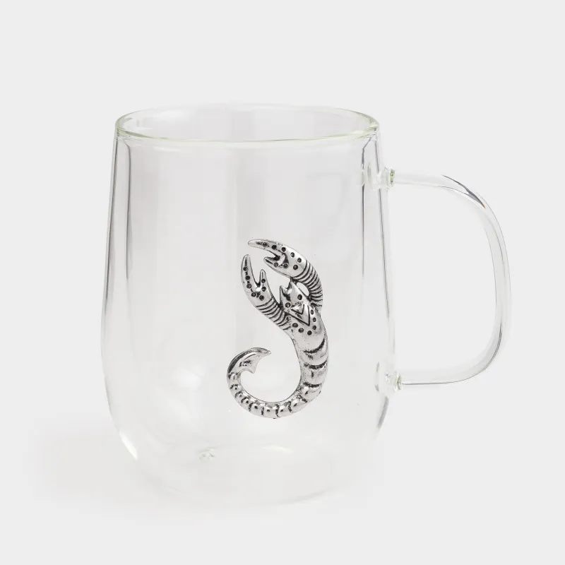 Mug, 350 ml, glass B / metal, silver, Scorpion, Air zodiac