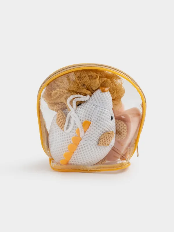 Children's shower set, 3 items, in a cosmetic bag, polyester, beige, Hedgehog, Friend spa, image-3