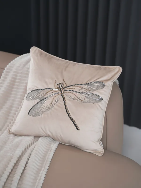 Decorative pillow, 45x45, corduroy / beads, beige, Dragonfly, Dragonfly, image-2
