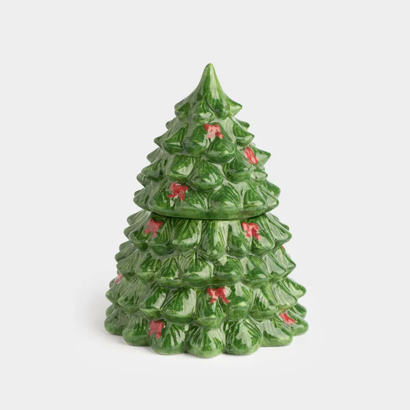 Storage container, 16x20 cm, 730 ml, ceramic, green, Spruce with bows, Christmas traditions