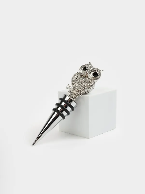 Beverage bottle stopper, 11 cm, metal/rhinestones, silver, Owl, Birds, image-2