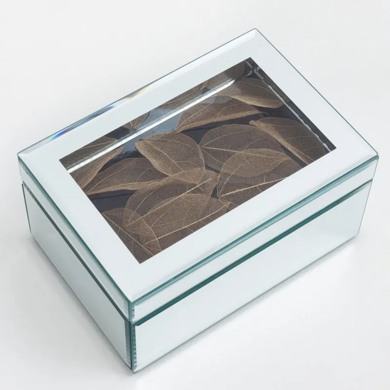 Jewelry box, 20x14 cm, glass, mirror, Golden leaves, Glossy, image-3