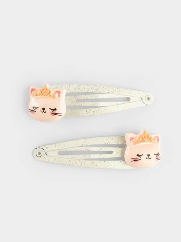 Hair clip, 4 cm, 2 pcs, metal, milky gold, Cat with crown, Cat