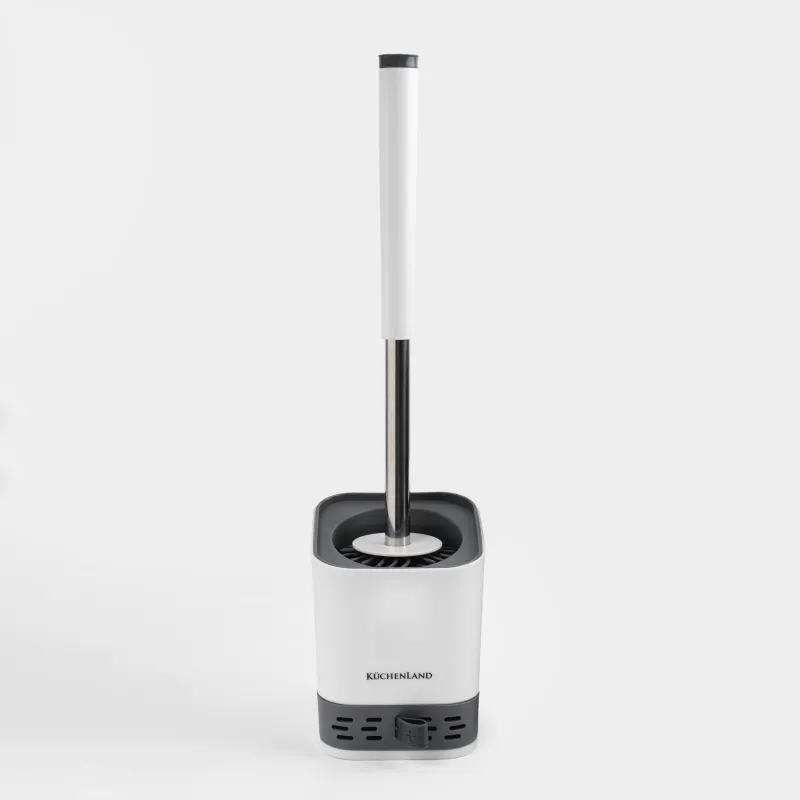 Toilet brush, 45 cm, with stand/drain container, rubber / plastic, grey-white, Click