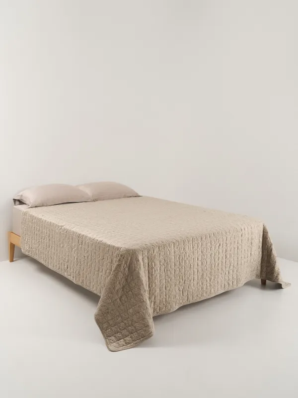 Bedspread, 220x240 cm, quilted, velvet/microfiber, beige, Squares, Stitch velvet, image-1