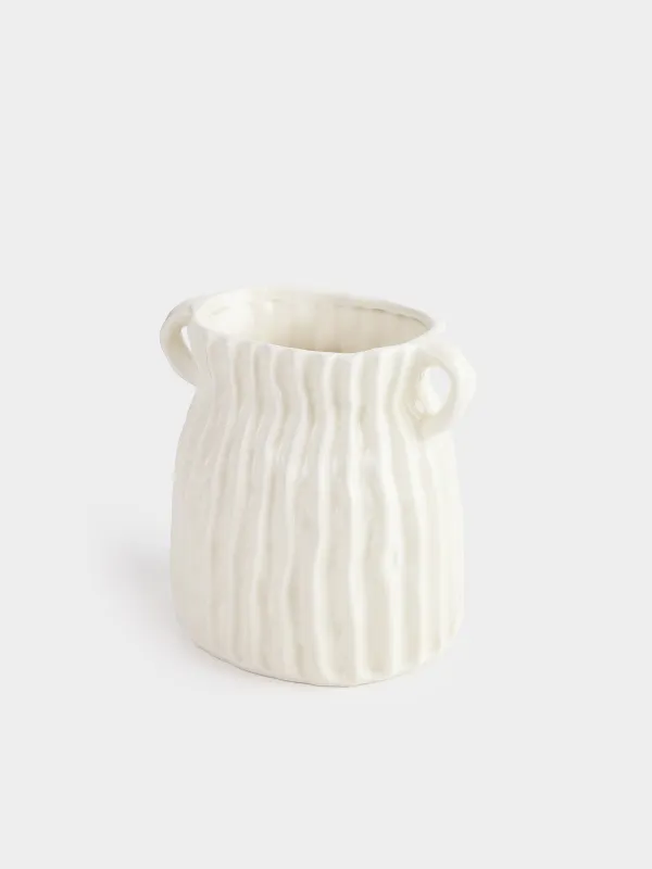 Flower vase, 18 cm, with handles, ceramic, White, Textured lines, Wavy, image-1