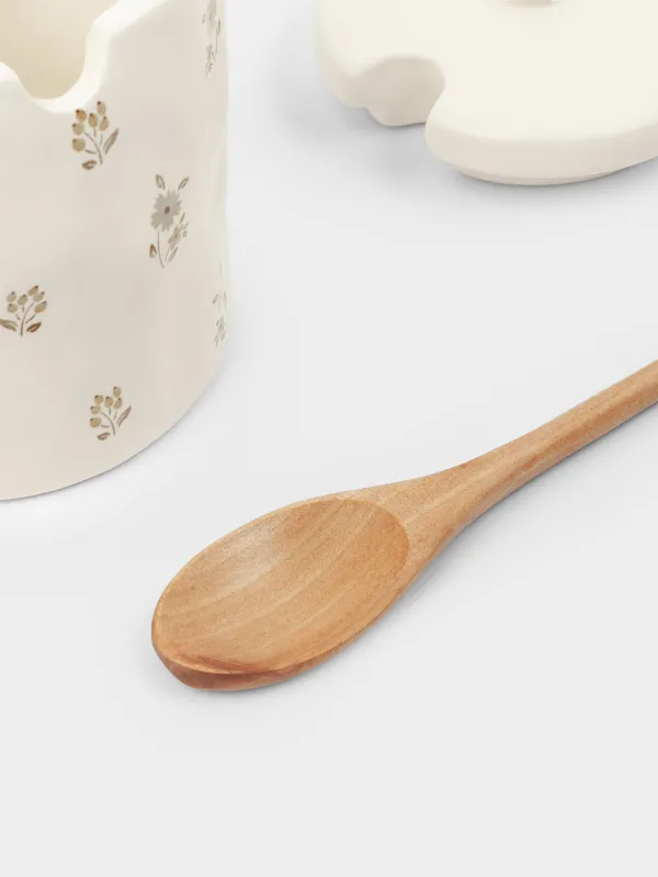 Sugar bowl, 11 cm, 370 ml, with spoon, ceramic / wood, milk, Vintage flowers, La flore, image-2