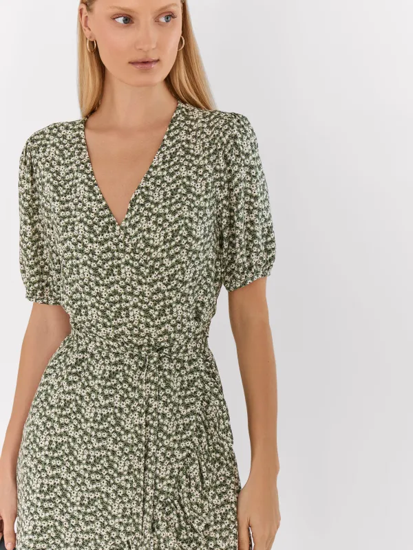 Women's wrap dress, mini, size S, with short sleeves, viscose, blue, Flowers, Marcia, image-8