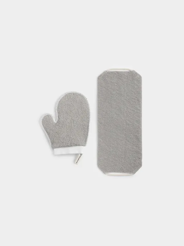 Shower set, 2 items, washcloth-tape/wash-mitt, nylon / cotton, grey, Unique spa, image-0