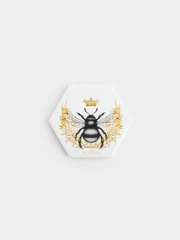Coaster, 11 cm, ceramic / cork, hexagonal, white, Royal bee, Honey, image-0