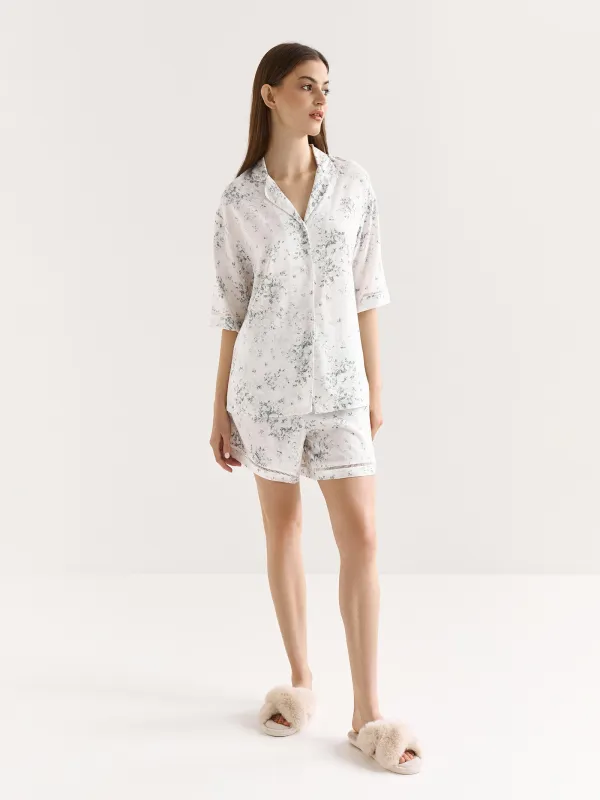 Women's shirt, homewear, size S, with short sleeves, viscose, milky, Flowers, Arsinoa, image-1