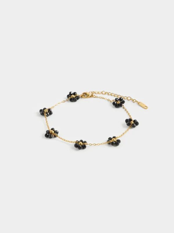 Anklet, 30 cm, metal / glass, black, Flowers, Jewelry flower, image-0