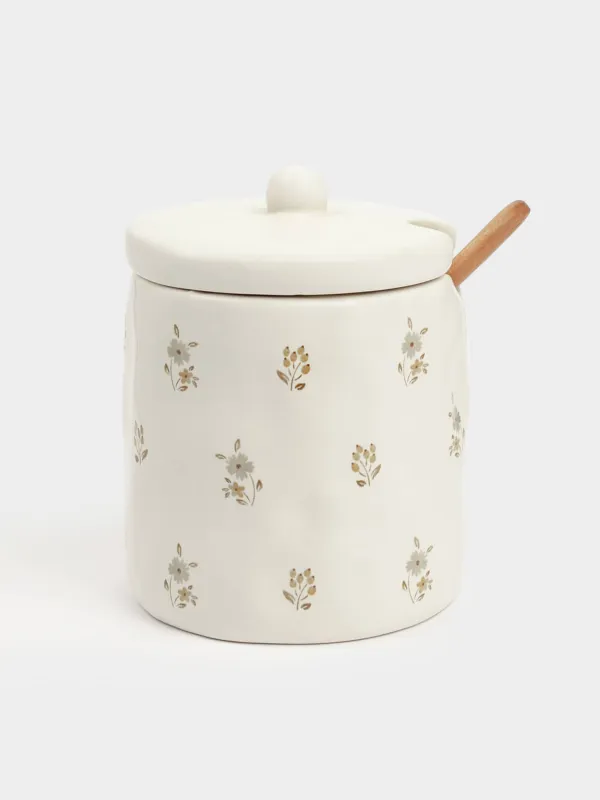 Sugar bowl, 11 cm, 370 ml, with spoon, ceramic / wood, milk, Vintage flowers, La flore, image-0