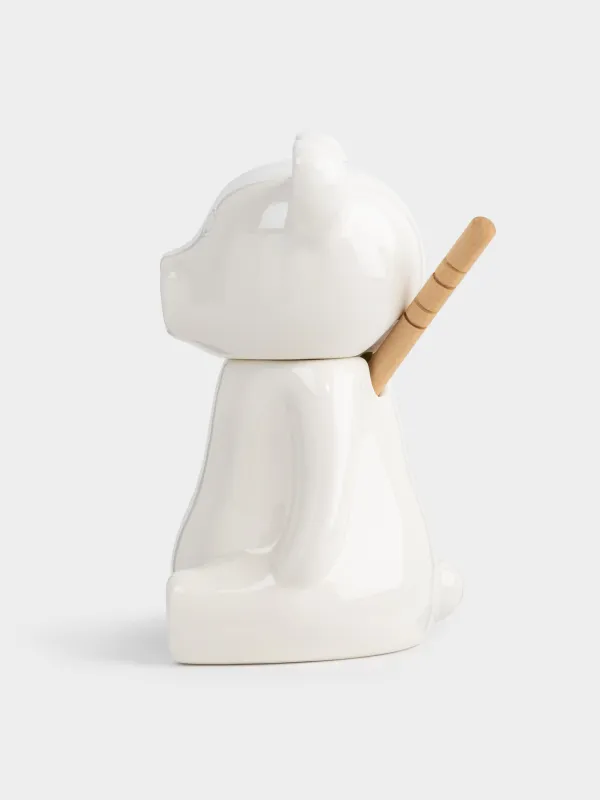 Honey jar, 250 ml, with spoon, Porcelain P / bamboo, Bear, Speckled black, image-1