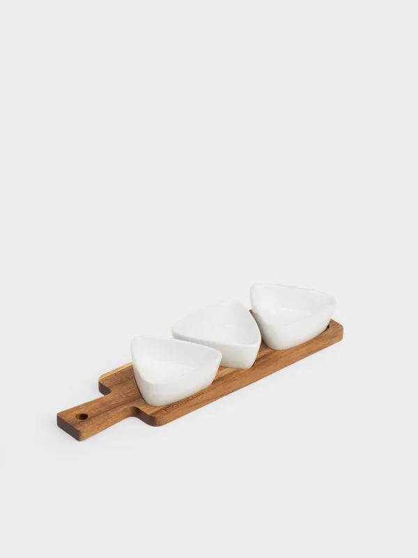 Snack set, 3 items, on a stand, ceramic / wood, white, Triangles, Noble tree, image-0