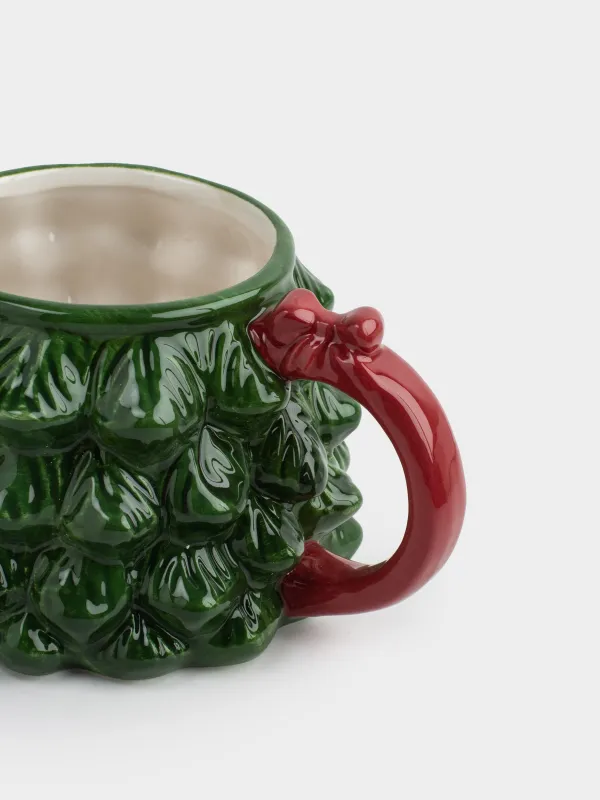 Mug, 500 ml, ceramic, green, Spruce with bow, Christmas traditions, image-1