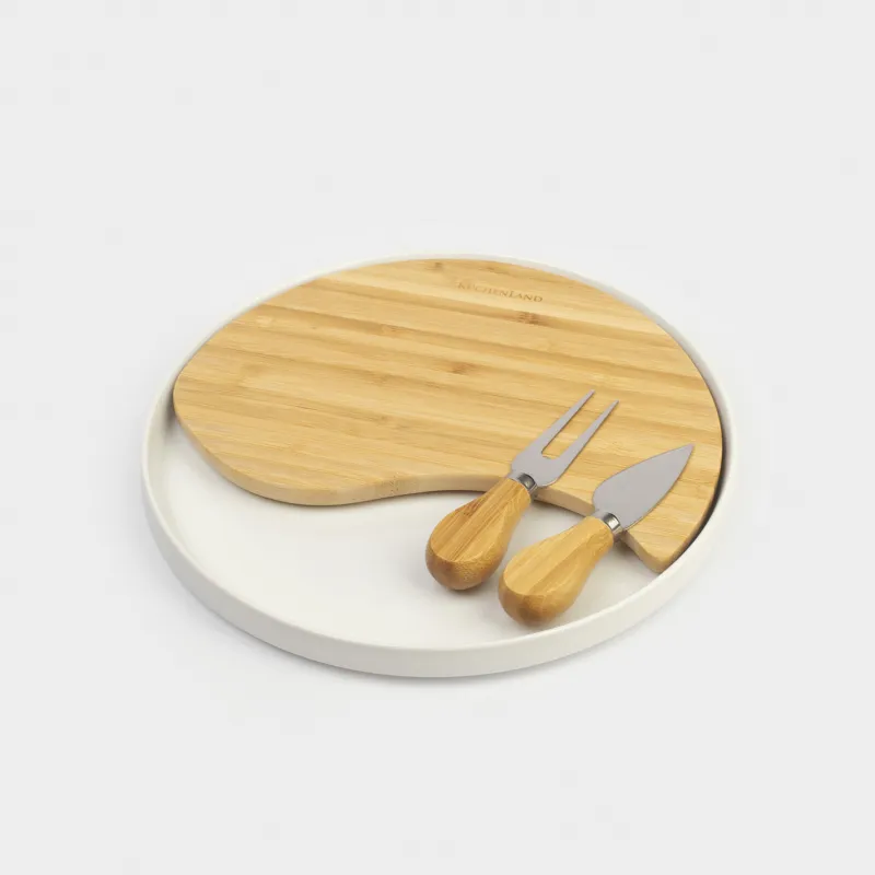 Cheese set, 4 items, dish-board on stand, ceramic / Bamboo, Circle, Cheese