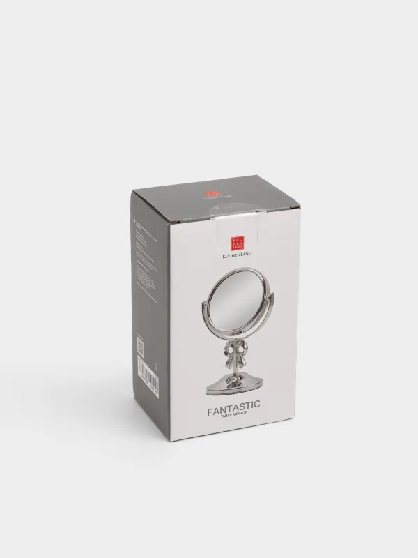 Table mirror, 16x9 / 7 cm, double-sided, on a leg, metal, round, silver, Fantastic, image-4