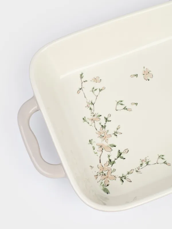 Baking dish, 27x21 cm, ceramic, rectangular, milky beige, Flowers, Florin, image-3