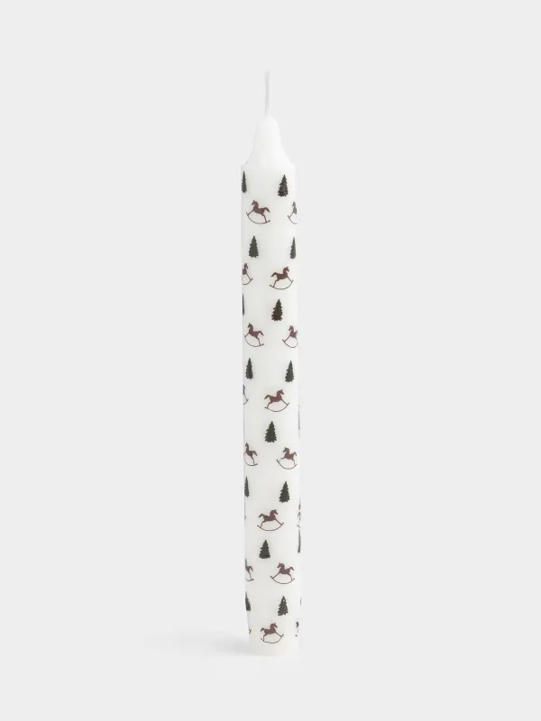 Candle, 20 cm, thin, white, Horses and Christmas trees, Print candle, image-0