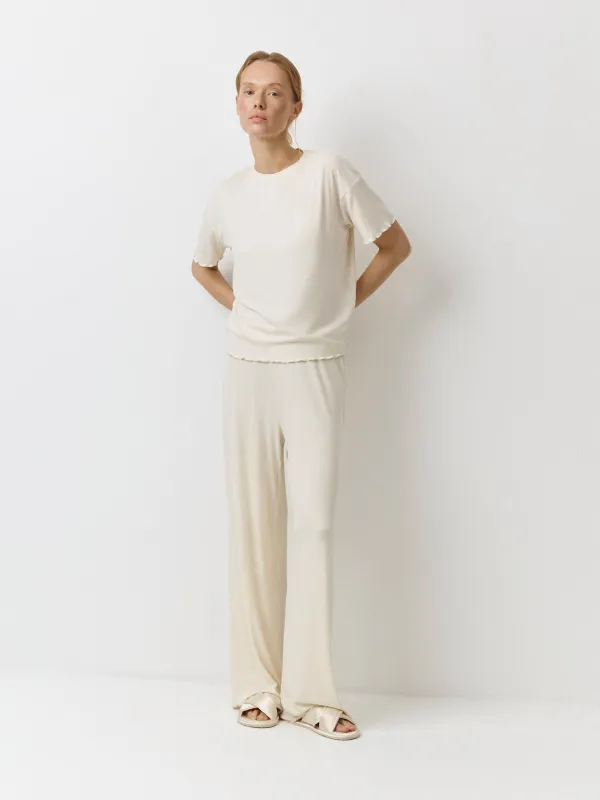 Women's trousers, homewear, size L, with ruffles, modal/spandex, milky, Rosemary, image-2