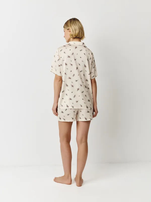 Women's shirt, homewear, size L, with short sleeves, polyester, milky, Flowers, Roktania, image-4