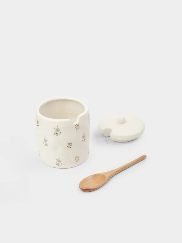 Sugar bowl, 11 cm, 370 ml, with spoon, ceramic / wood, milk, Vintage flowers, La flore, image-1